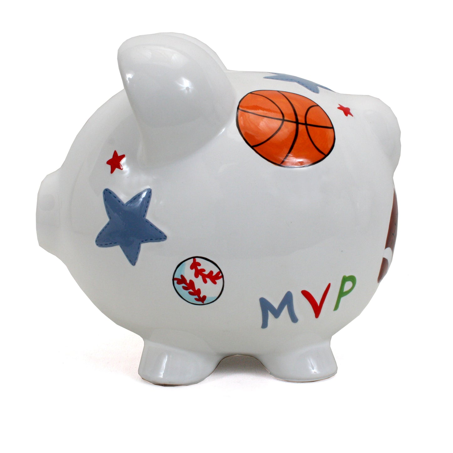 Back side showing piggy bank standing upright with glossy finish and detailed sports motifs