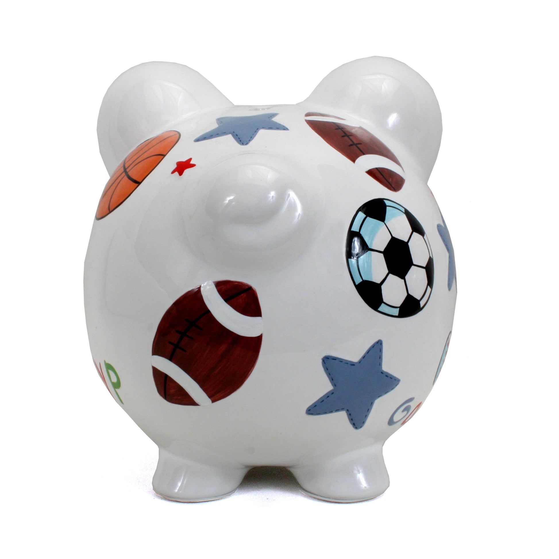 Side view of piggy bank with colorful sports balls and blue stars painted on white ceramic