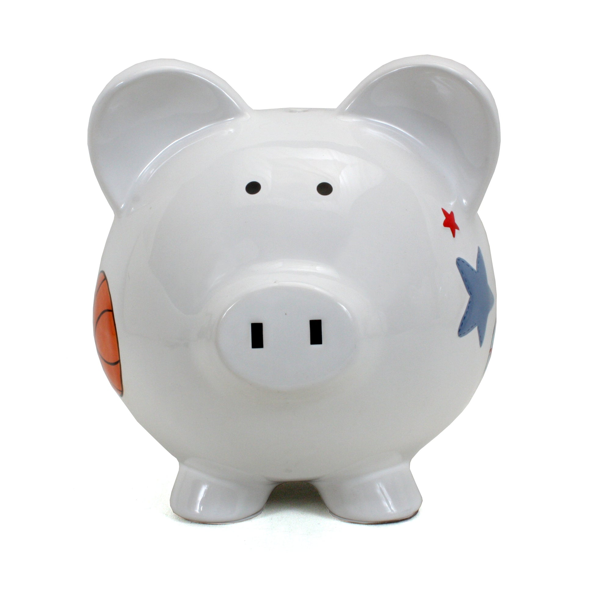 Front view of white ceramic piggy bank showing black dot eyes and coin slot