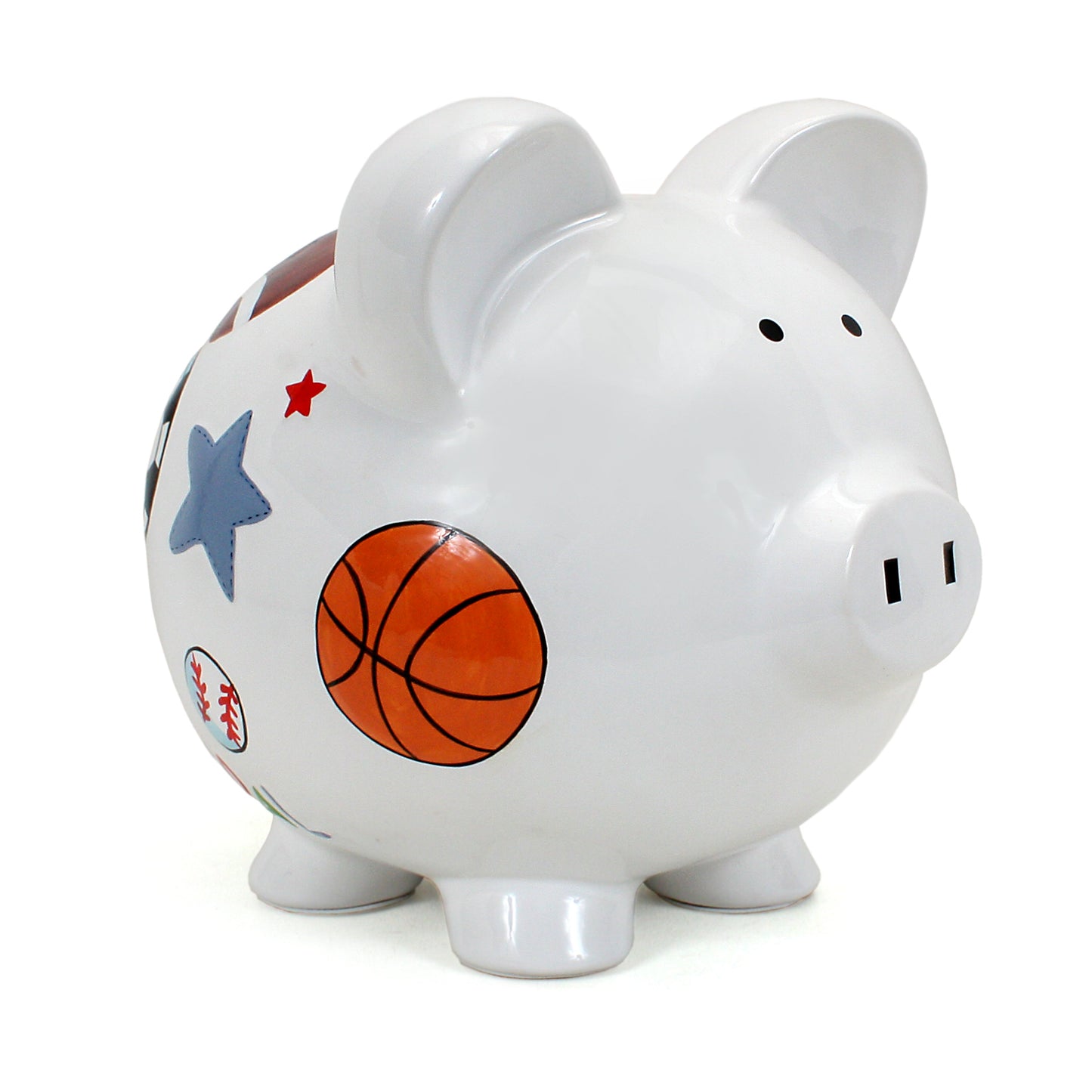 Side view of white ceramic piggy bank with handpainted basketball, football, and stars
