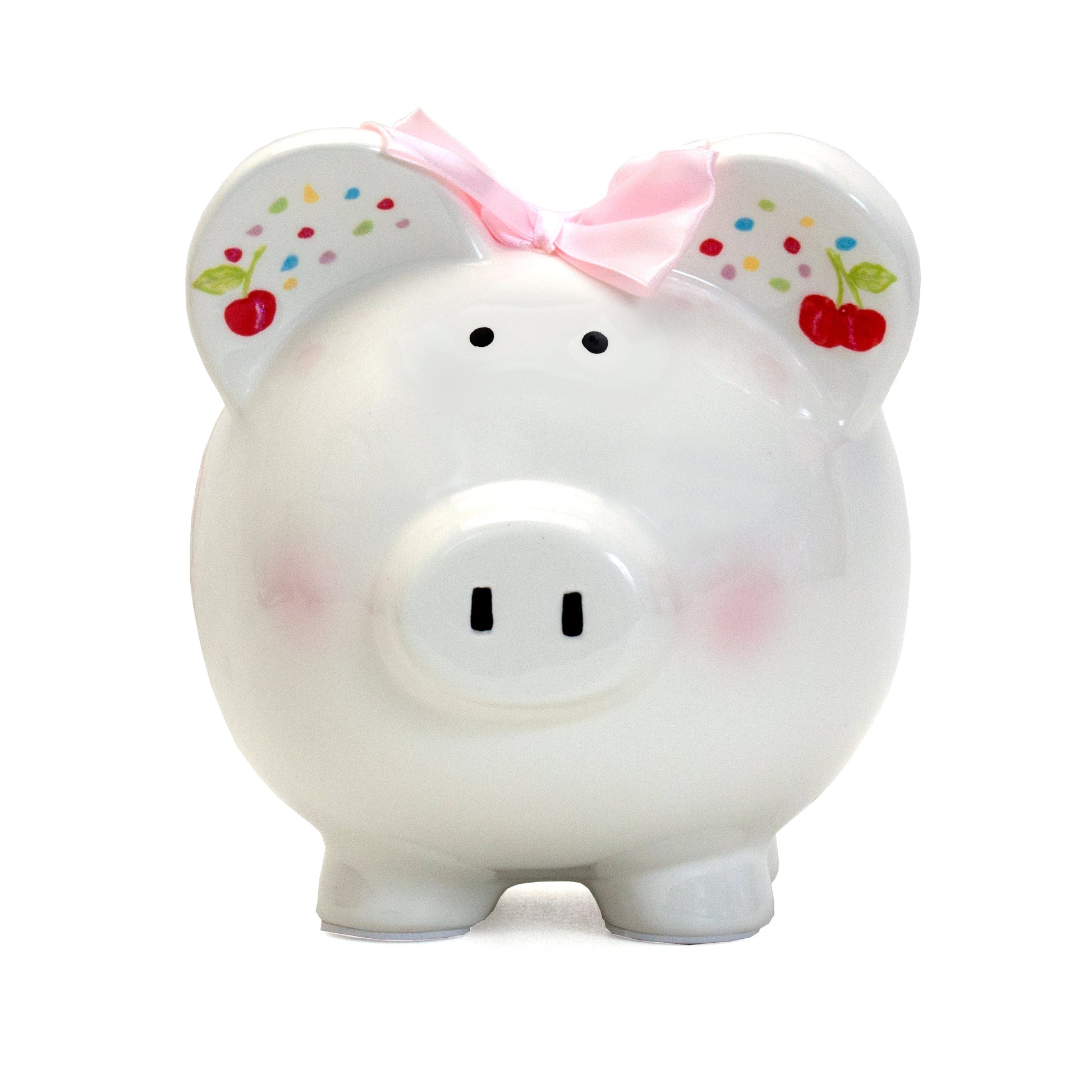 Front view of piggy bank showing pink bow, black eyes, and cherry handpainted on ears