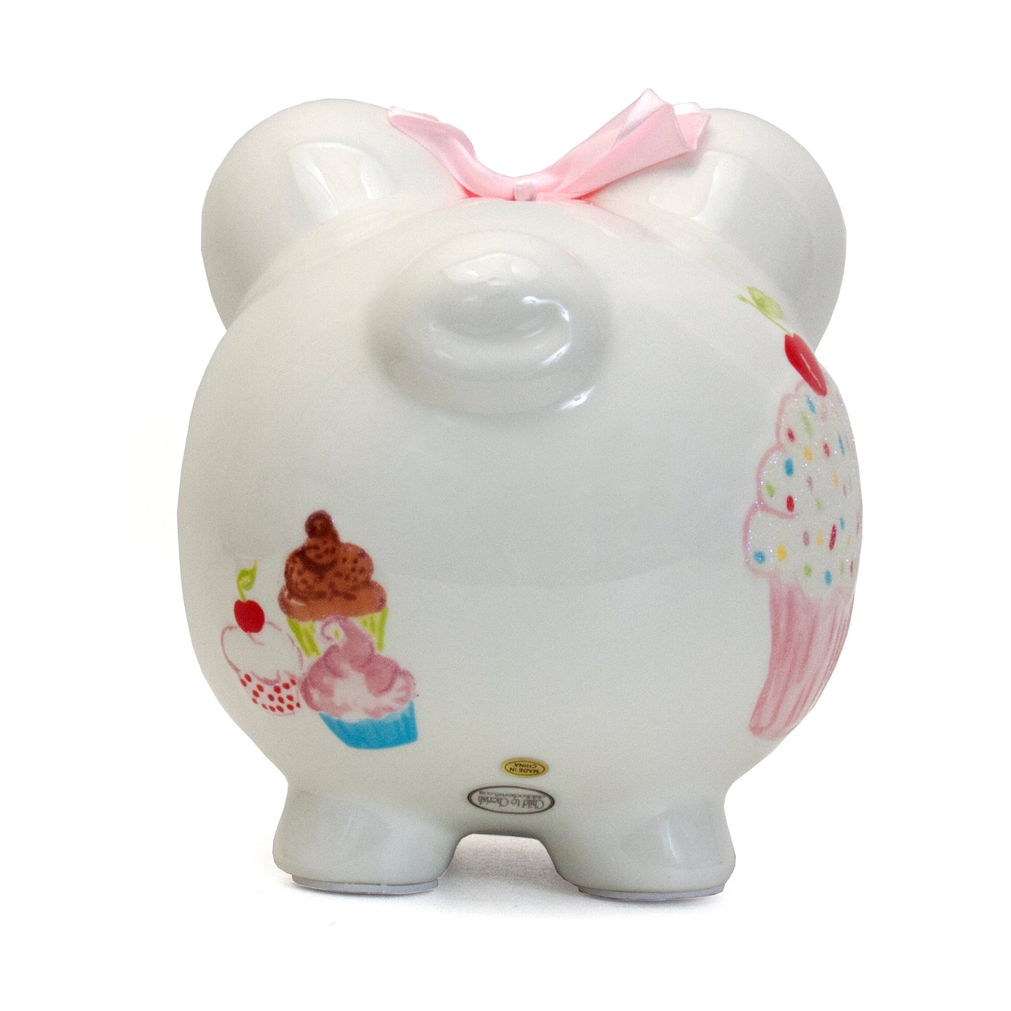 Back of piggy bank showing multiple handpainted cupcakes and manufacturer's stickers