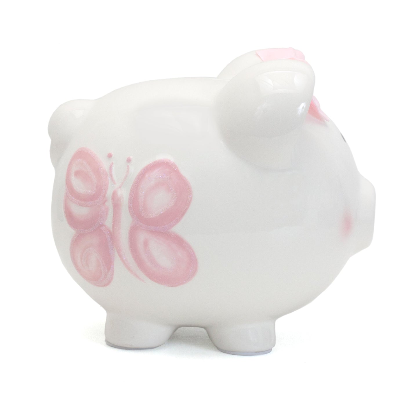 Other side view showing pink heart and butterfly handpainted details on ceramic piggy bank