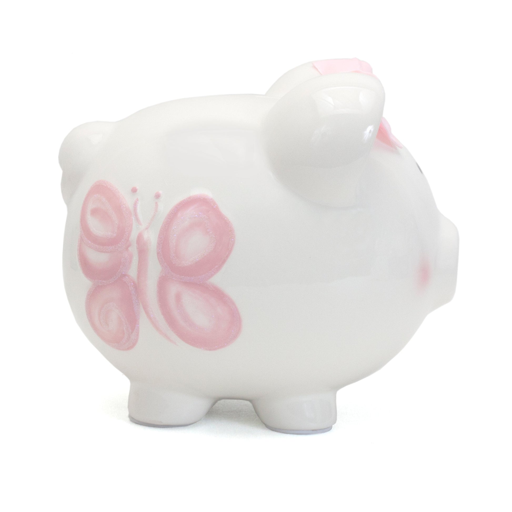 Other side view showing pink heart and butterfly handpainted details on ceramic piggy bank