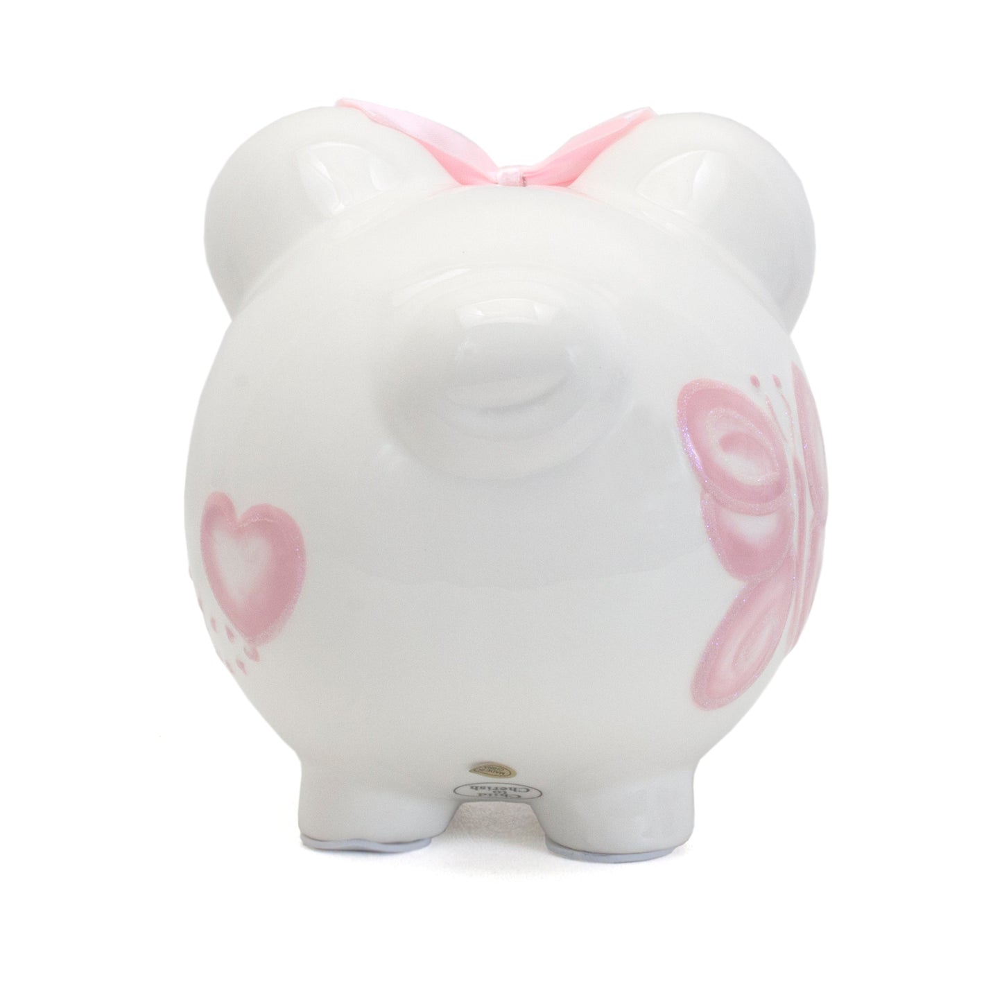 Pair of side views showing detailed handpainted butterflies and hearts on piggy bank