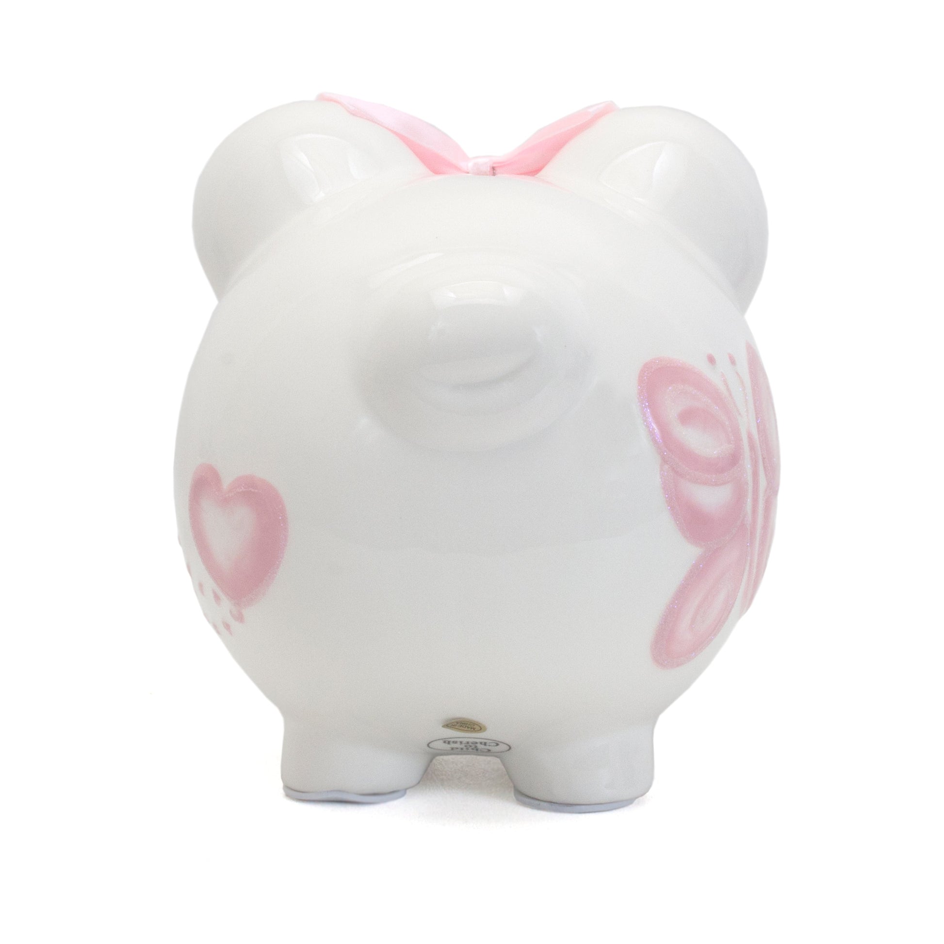 Pair of side views showing detailed handpainted butterflies and hearts on piggy bank