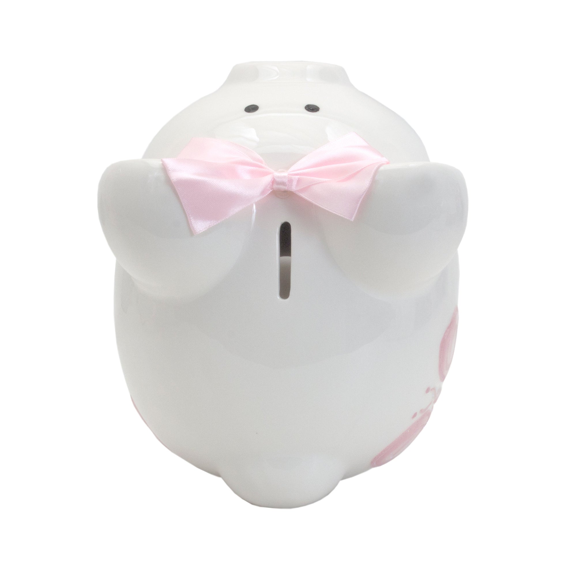 Back view of piggy bank revealing handpainted pink heart design
