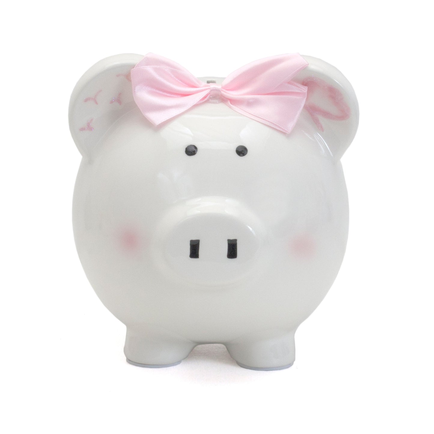 Front view of pigeon-shaped piggy bank with pink cheeks and bow on ear
