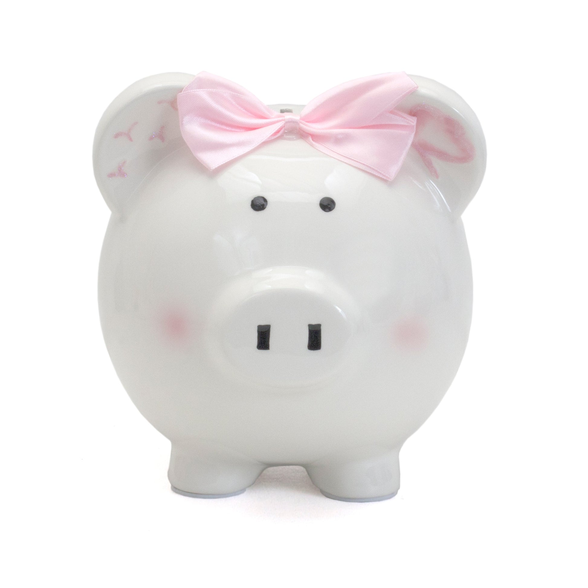 Front view of pigeon-shaped piggy bank with pink cheeks and bow on ear