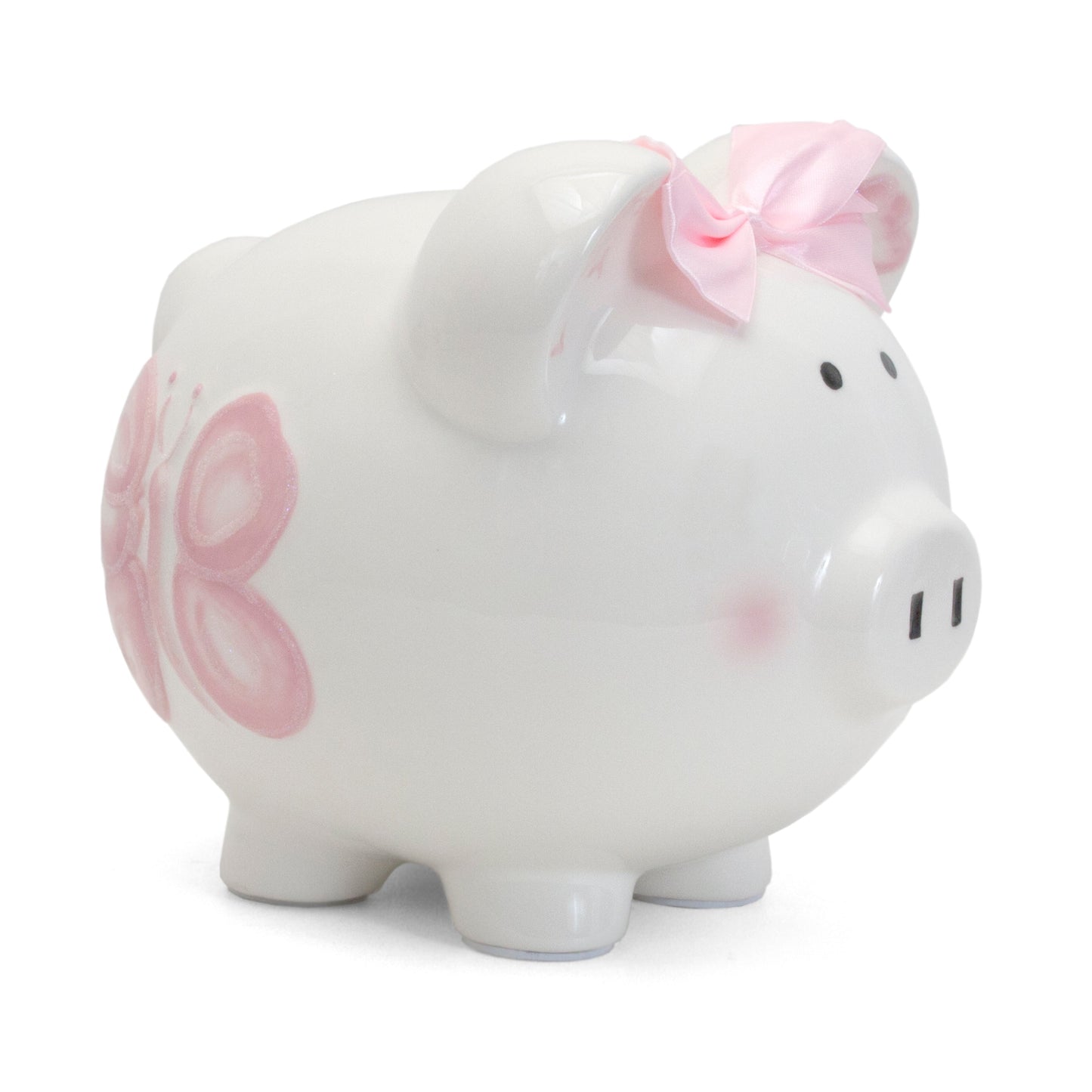 Side view of white ceramic piggy bank with pink butterfly and satin bow