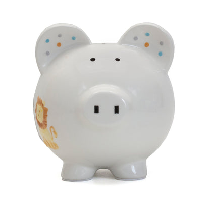 Front view of Sweet Safari piggy bank with handpainted animal ears and nose details