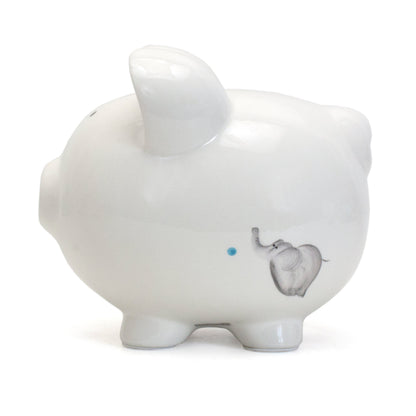 Rear side view of piggy bank with giraffe and elephant handpainted details
