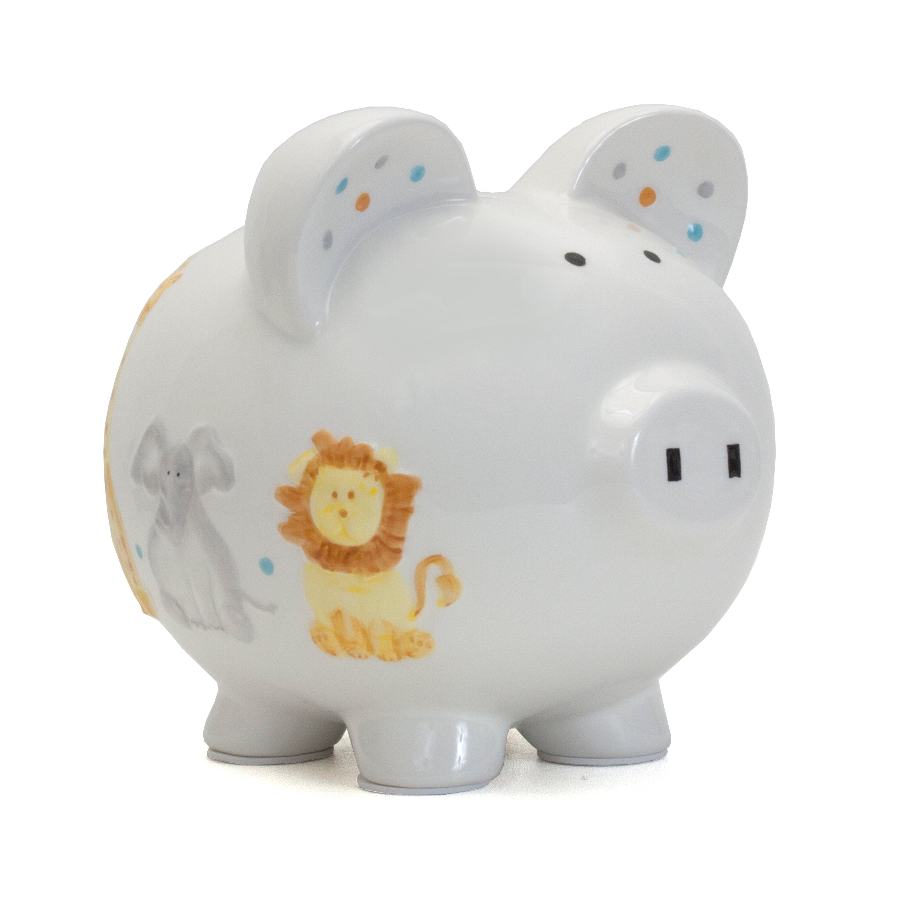 Sweet Safari ceramic piggy bank angled view with handpainted lion and elephant