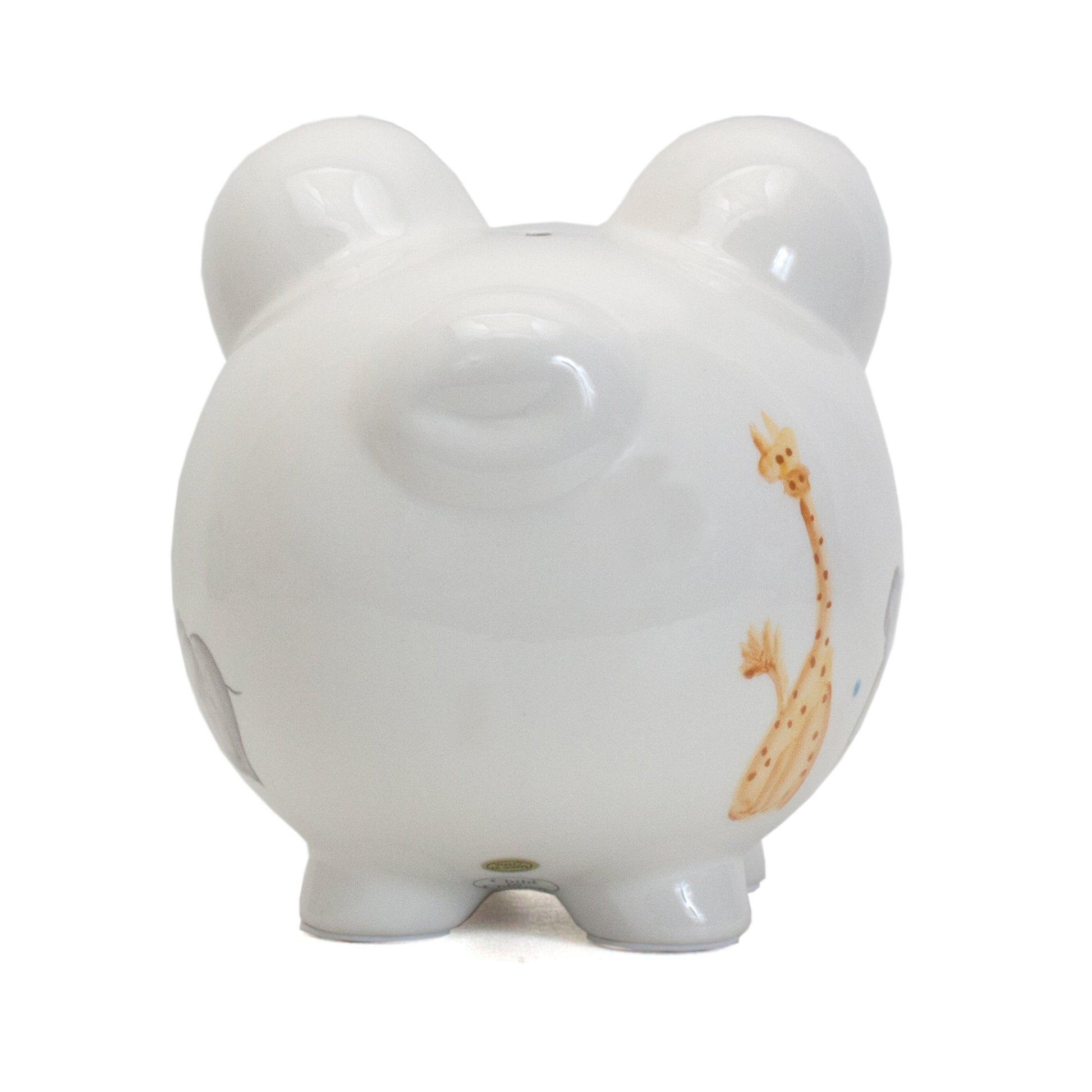 Back view of Sweet Safari piggy bank showing coin slot and animal tail paintings