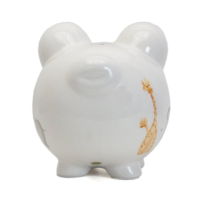 Back view of Sweet Safari piggy bank showing coin slot and animal tail paintings