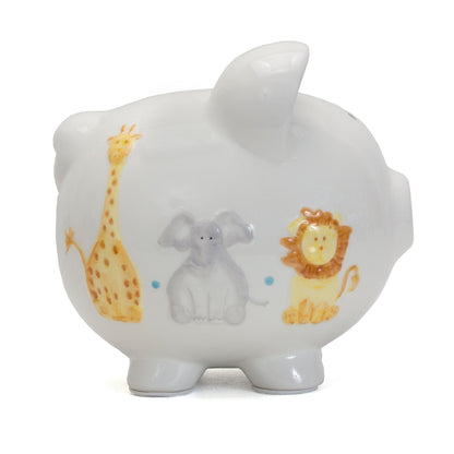 Side view of Sweet Safari piggy bank showing giraffe, elephant, and lion illustrations