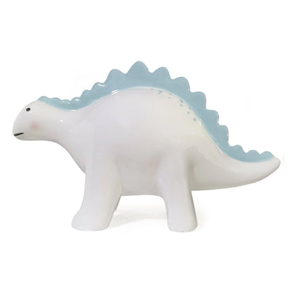 Right side profile of the blue and white dinosaur piggy bank with details of glossy finish