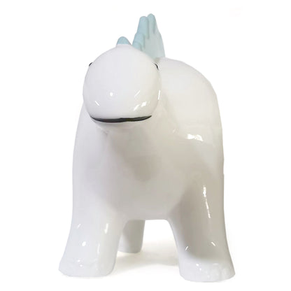 Front view of Theo the Dinosaur Blue piggy bank with cute facial features and coin slot visible on the back