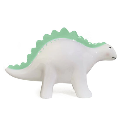 Right side view of Theo the Dinosaur piggy bank showing rounded legs and tail