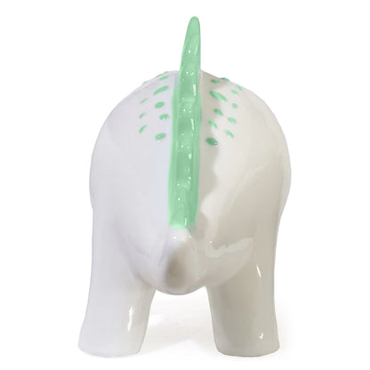 Rear view of Theo the Dinosaur piggy bank with visible green spikes and small green spots