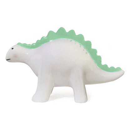 Left side view of Theo ceramic piggy bank highlighting its shape and green accents