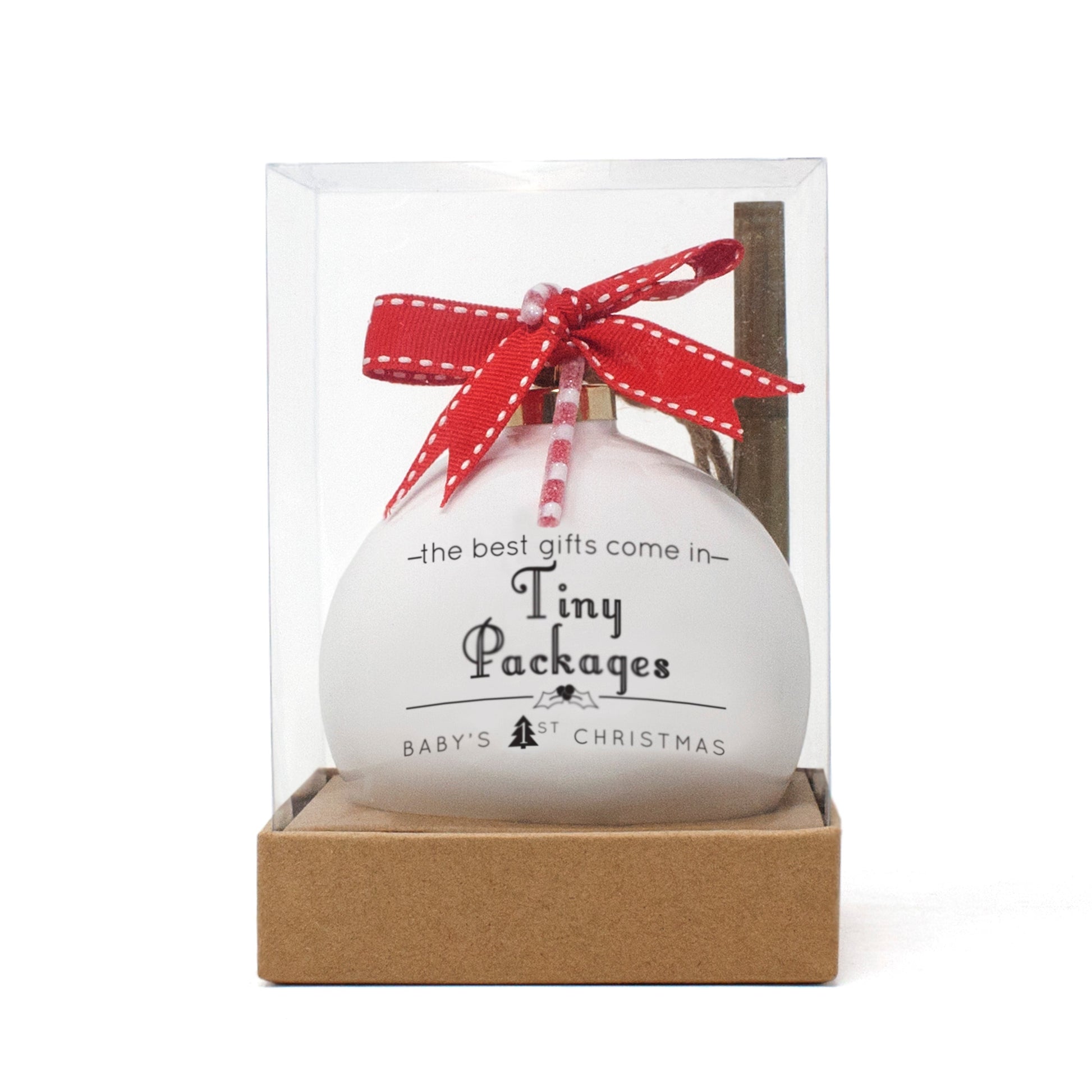 Baby's first Christmas porcelain ornament with 'Tiny Packages' text, red ribbon bow and candy cane, in clear gift box