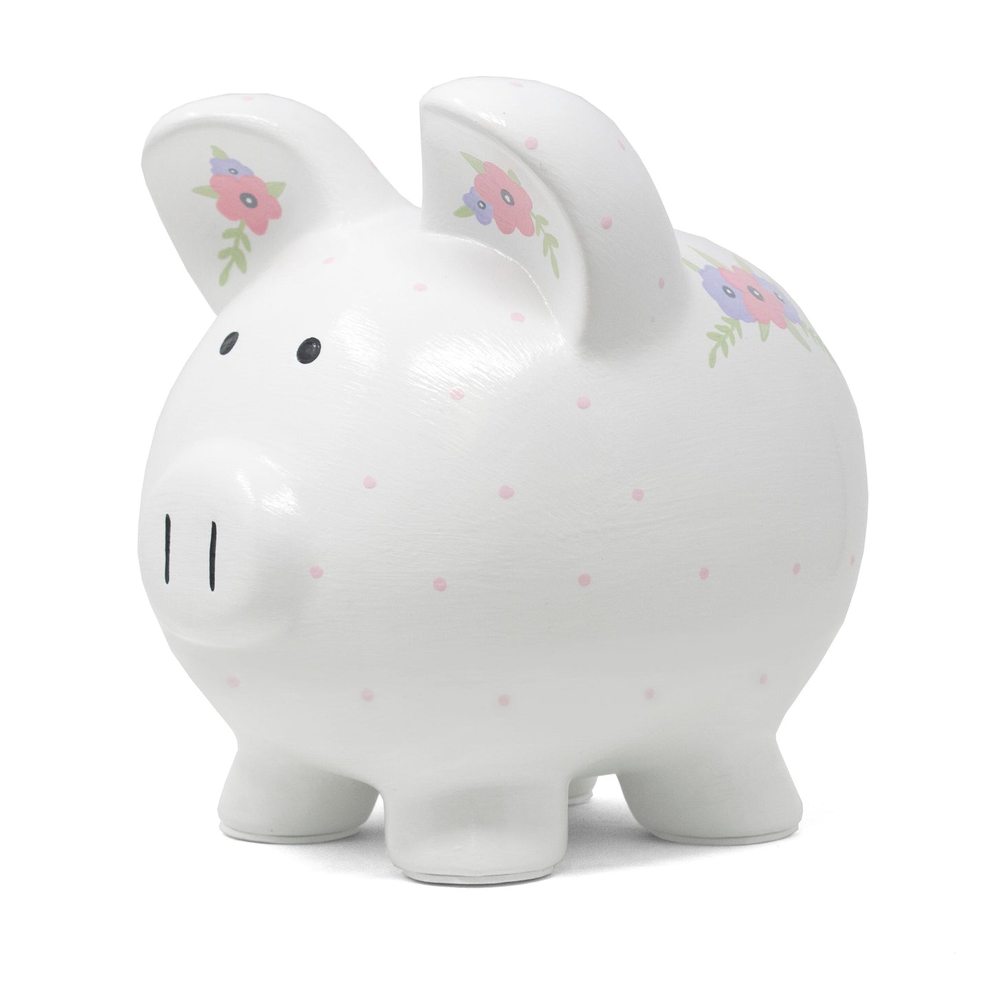 Left side of piggy bank showing castle with pink rooftops and nearby unicorn