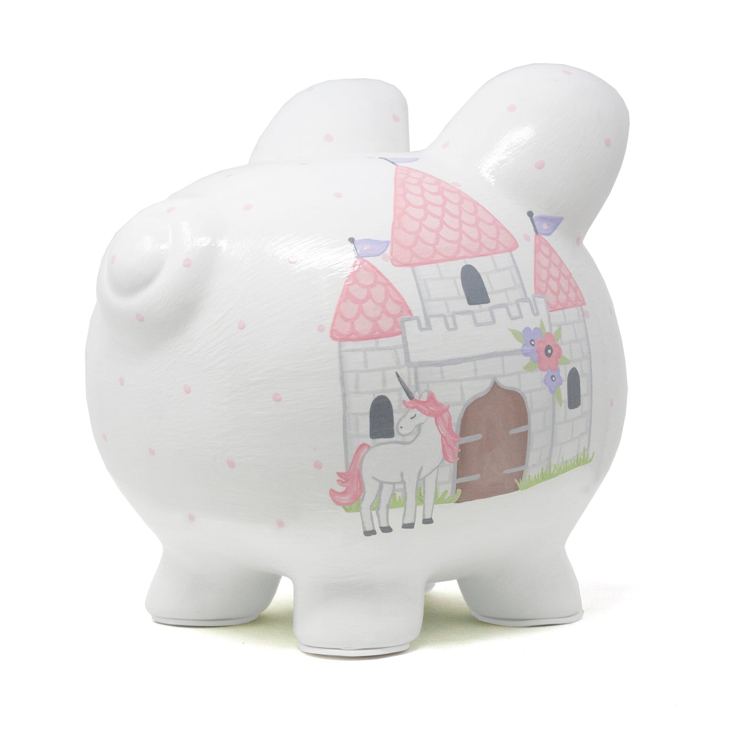Top angle view of piggy bank displaying castle, unicorn, and floral ear details