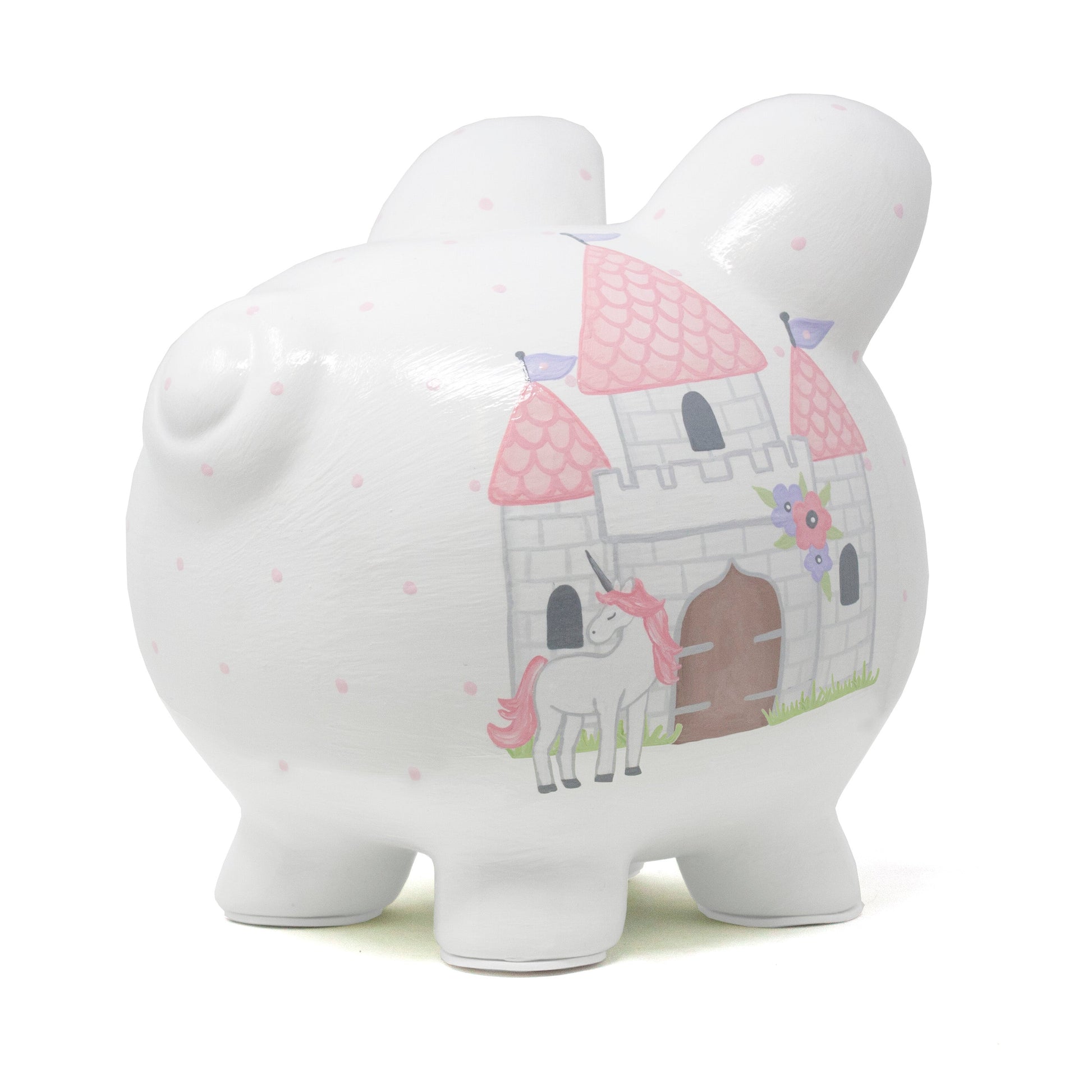 Top angle view of piggy bank displaying castle, unicorn, and floral ear details