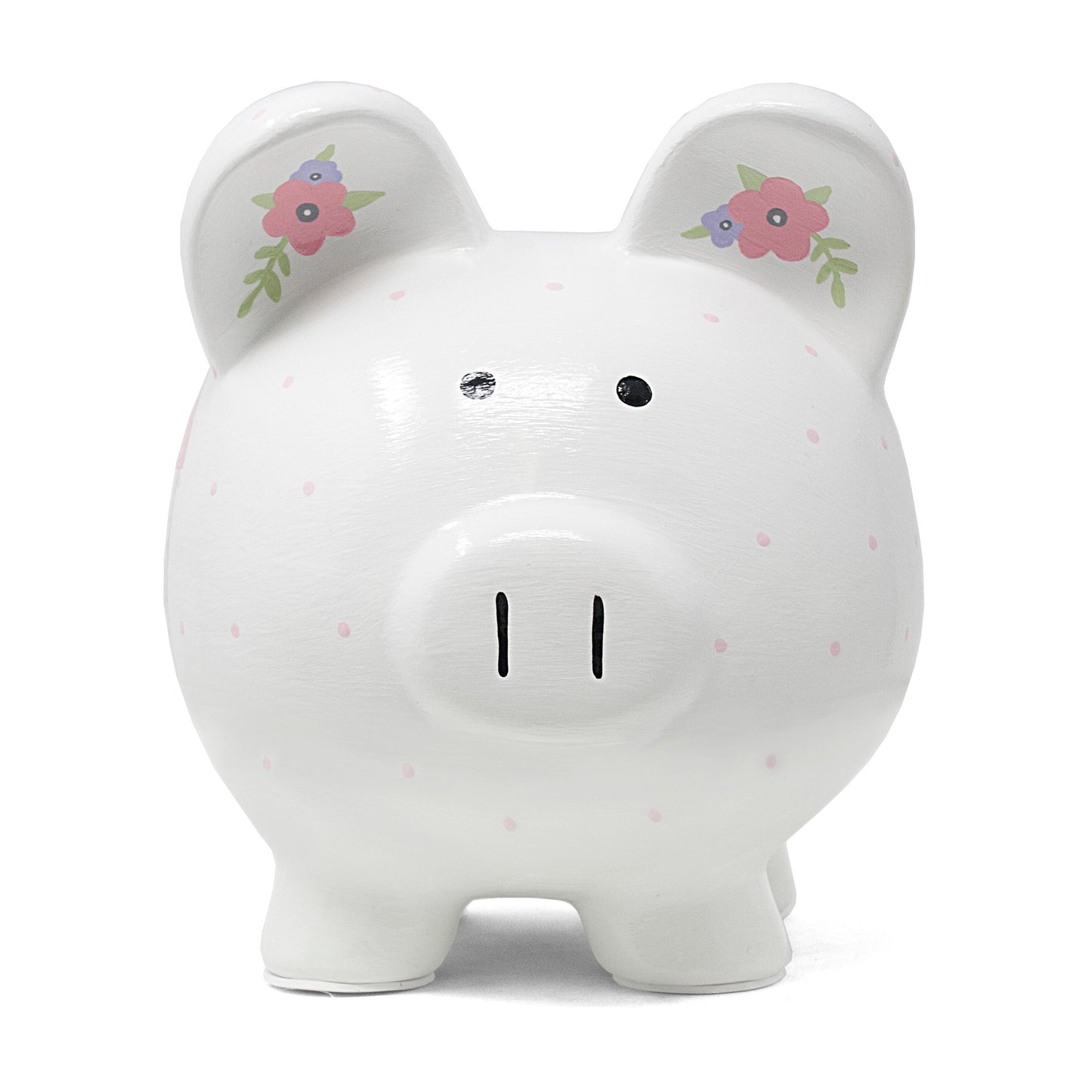 Front view of white piggy bank with floral details painted on ears and pink polka dots