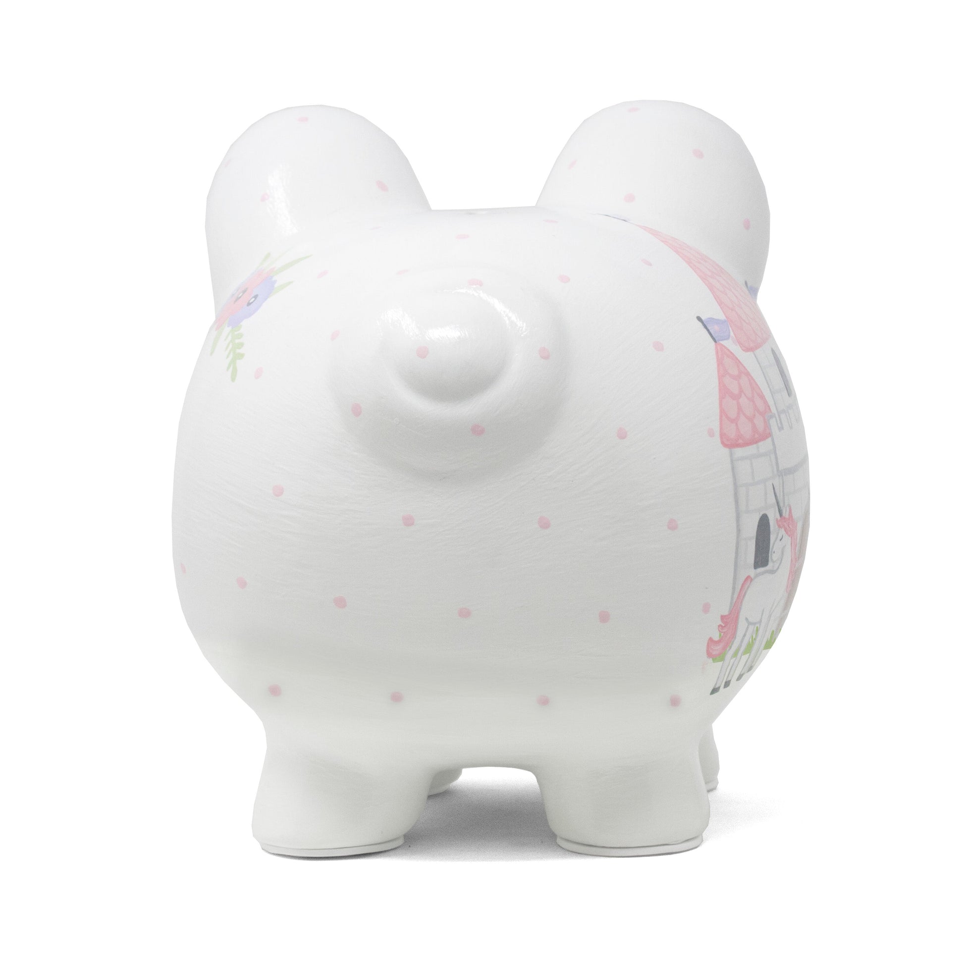 Back view of white handpainted piggy bank showing small tail and pink polka dots