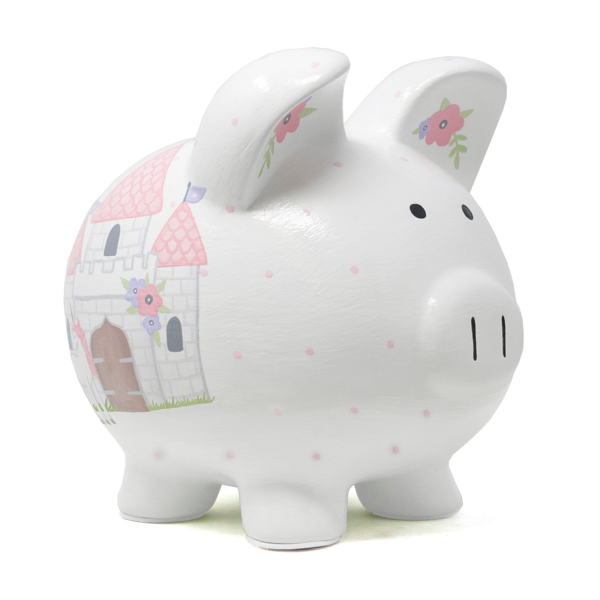 White ceramic piggy bank with pink roofed castle and unicorn handpainted on side