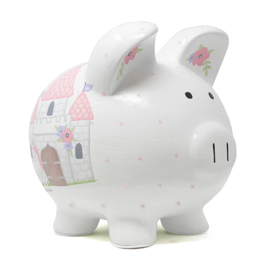 White ceramic piggy bank with pink roofed castle and unicorn handpainted on side