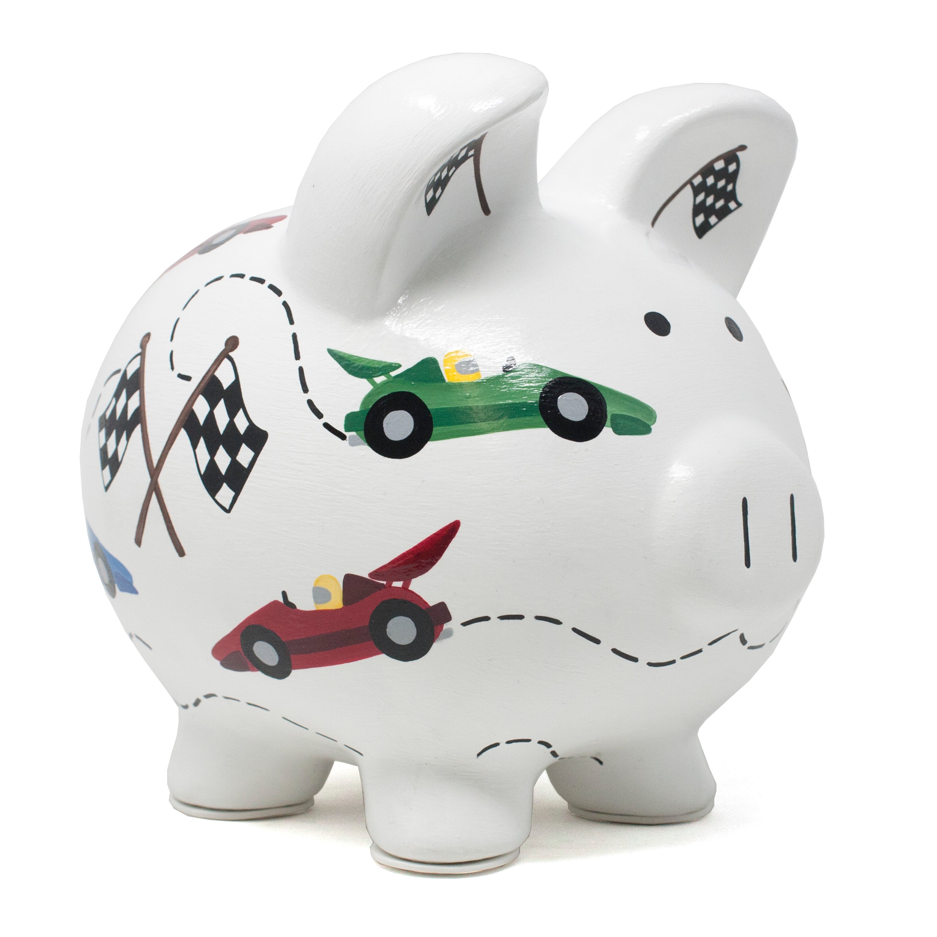 White ceramic piggy bank with handpainted colorful race cars and checkered flags, front angle