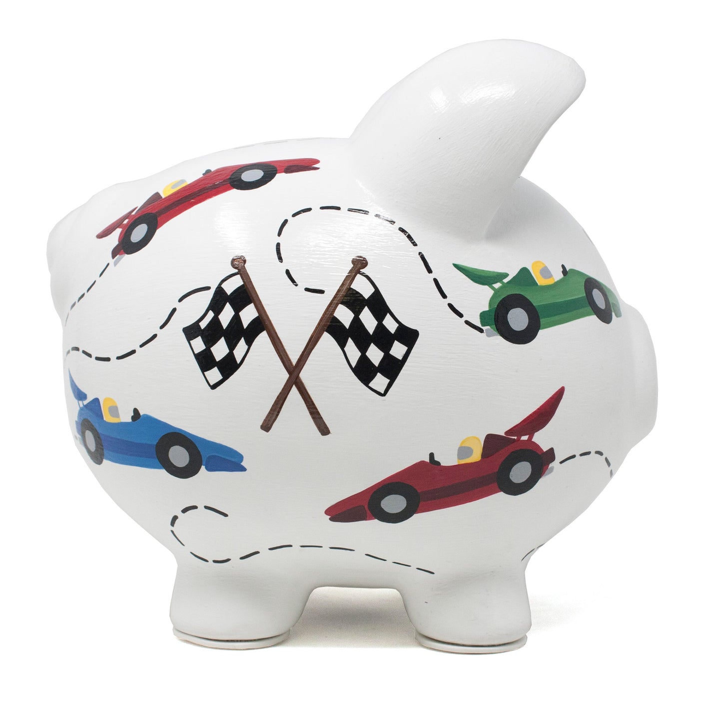 White ceramic piggy bank with handpainted colorful race cars and checkered flags, side angle