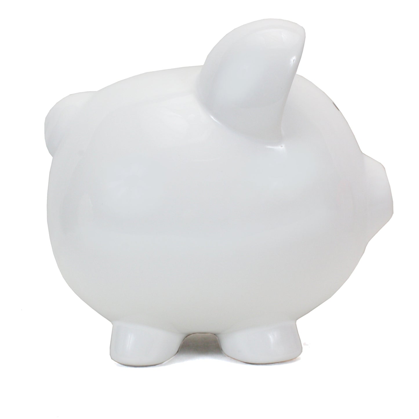 Left side view of white ceramic piggy bank with glossy finish