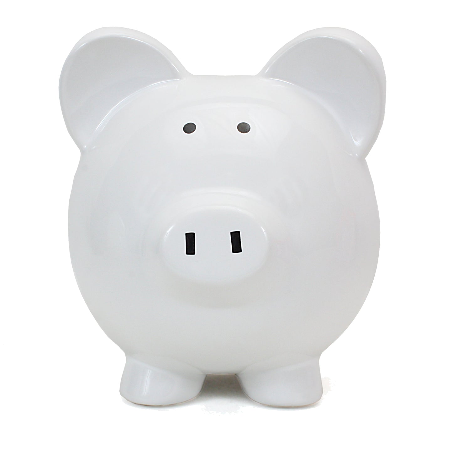 Close-up front view showing piggy bank's snout and eyes