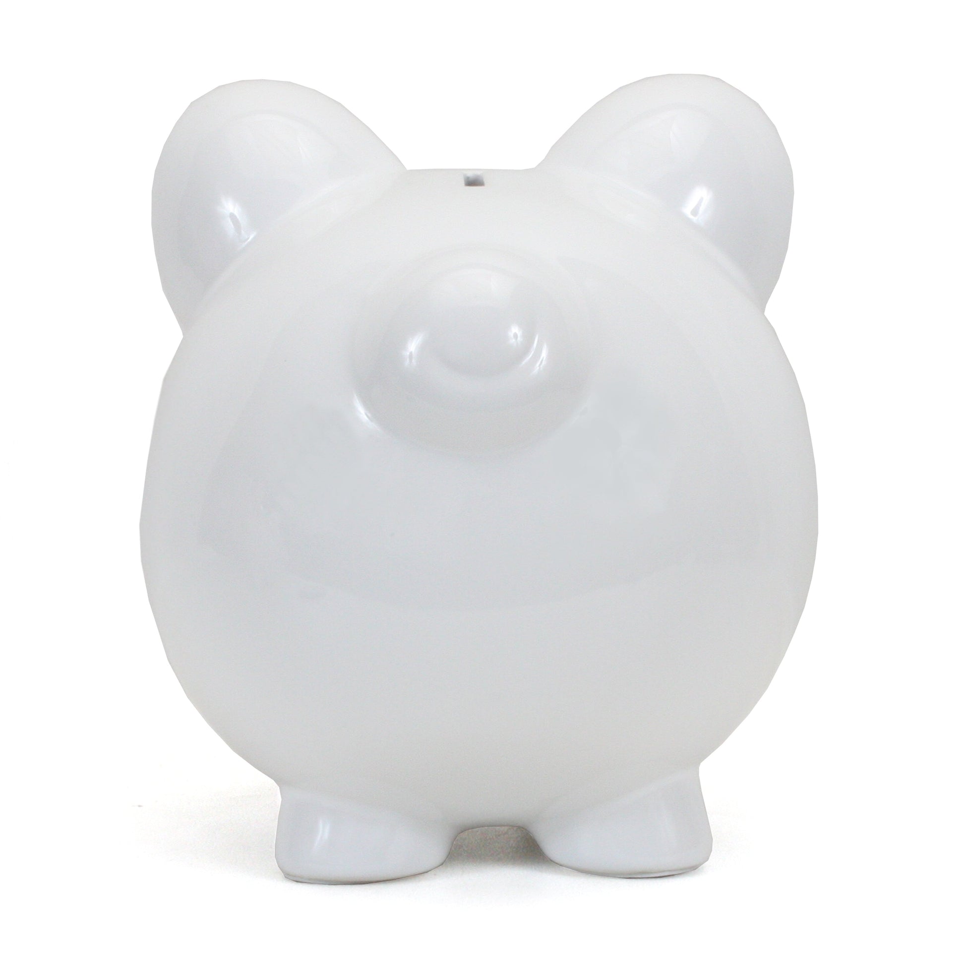Rear view of white ceramic piggy bank with coin slot on top
