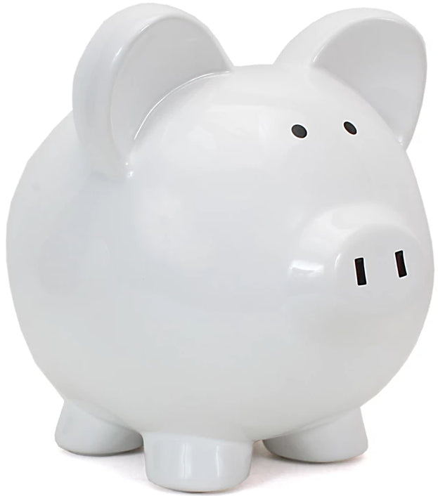 Front angled view of white ceramic piggy bank shaped like a pig