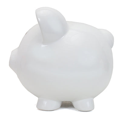 Right side view of smooth white piggy bank on flat surface
