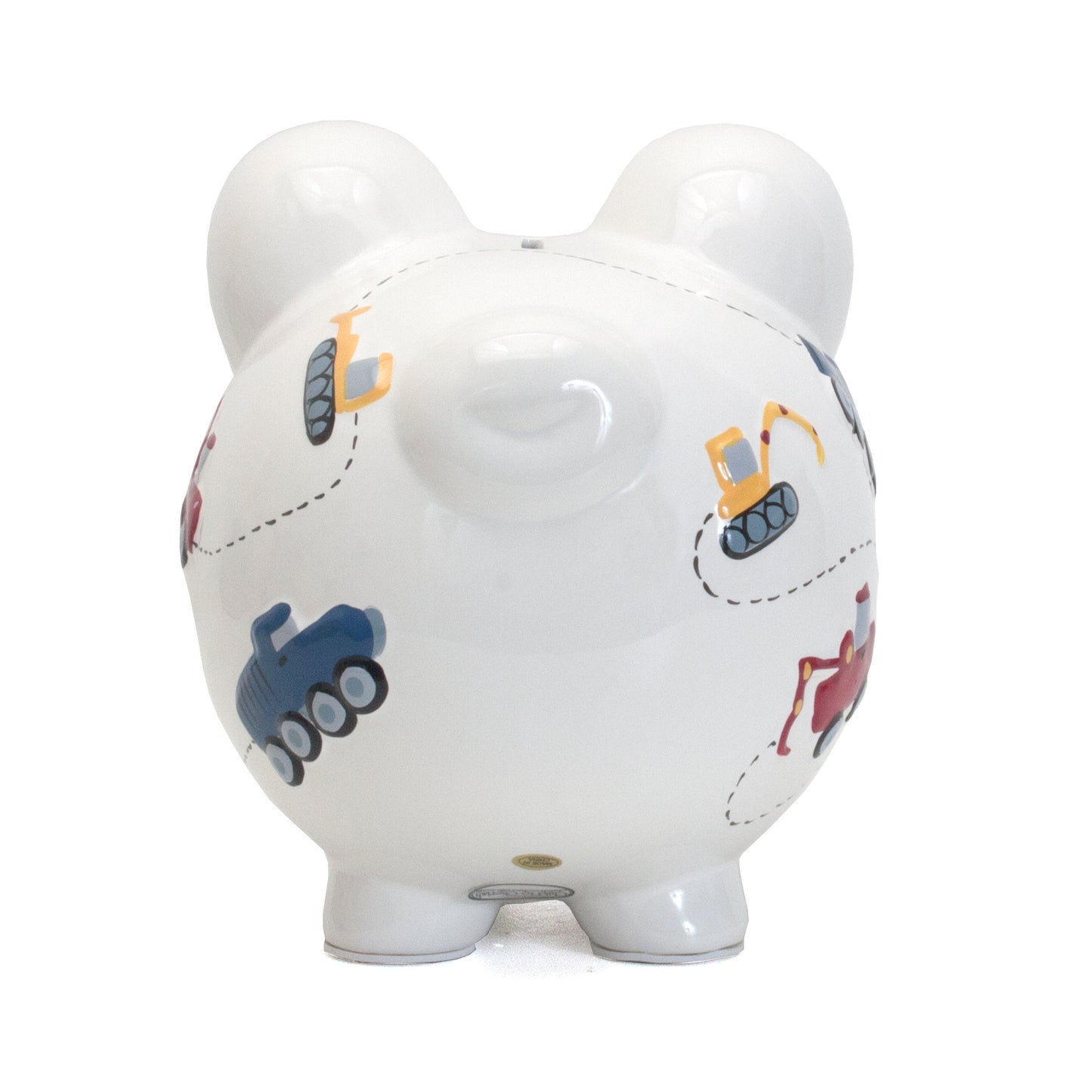 Underside view of piggy bank showing four sturdy legs and smooth glossy finish