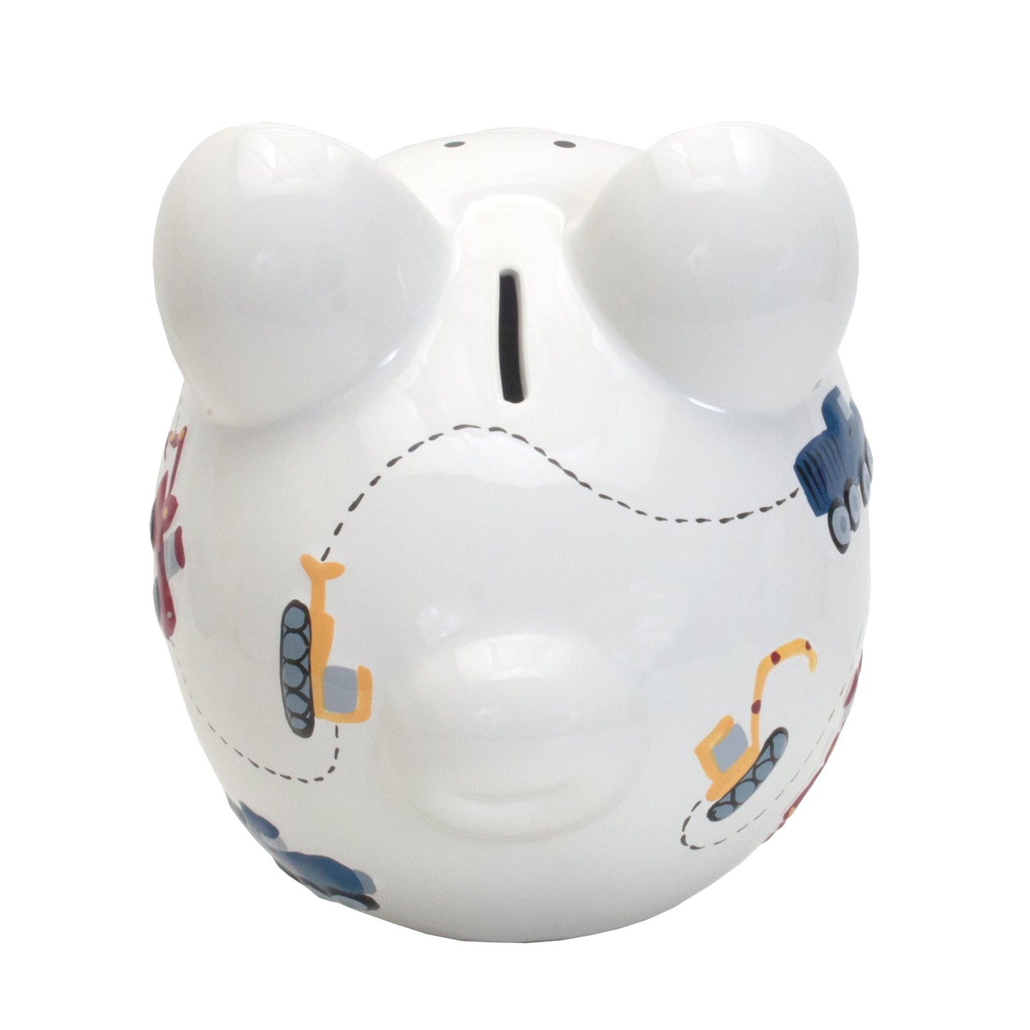 Opposite side of piggy bank with more handpainted construction equipment in multiple colors