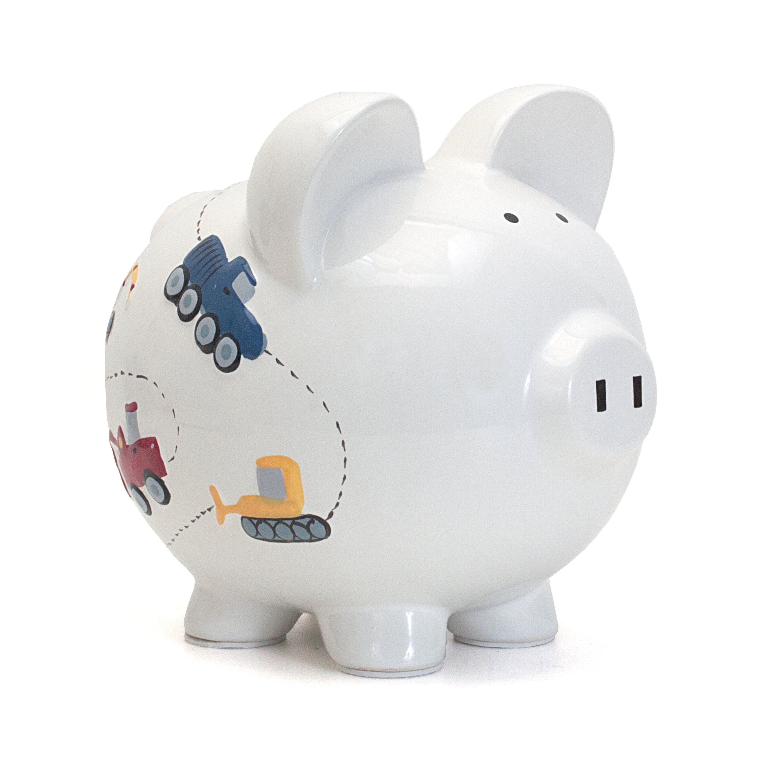 White ceramic piggy bank with colorful construction vehicle illustrations side view