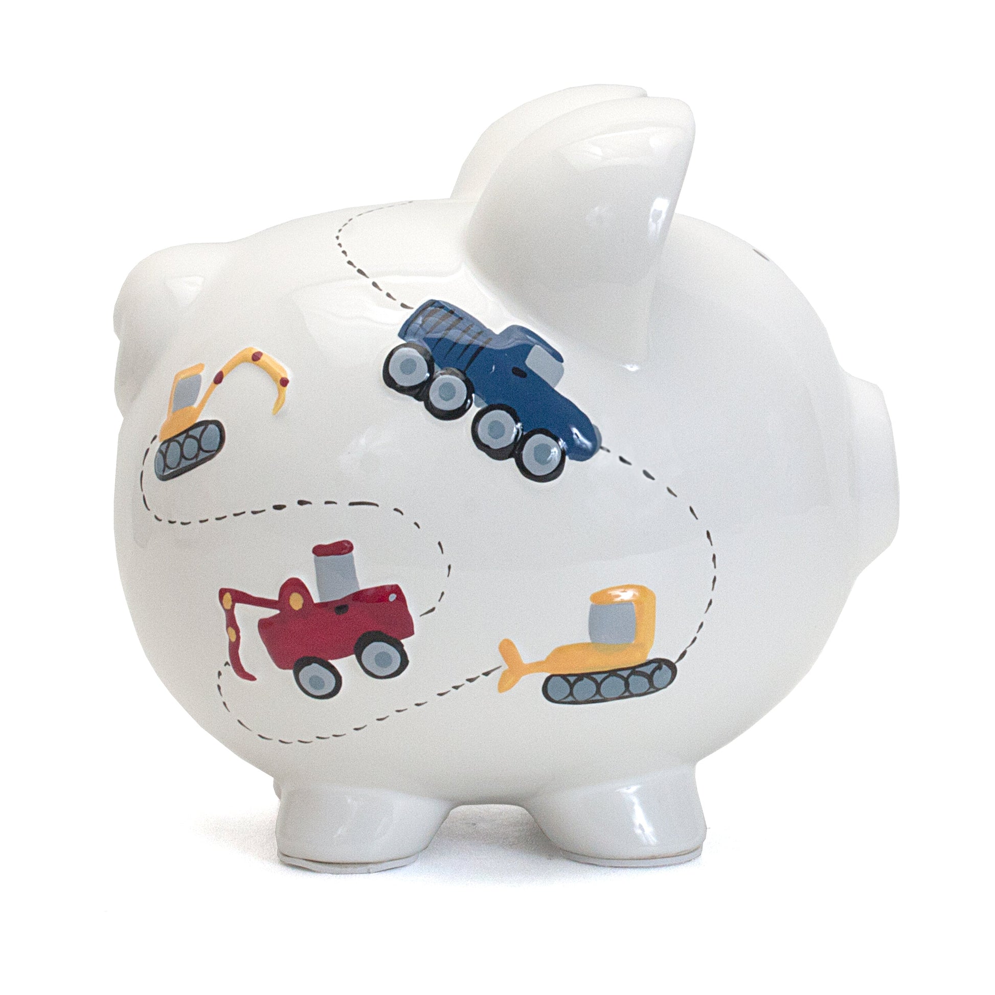 Side view showing handpainted construction vehicle designs on white glossy ceramic piggy bank