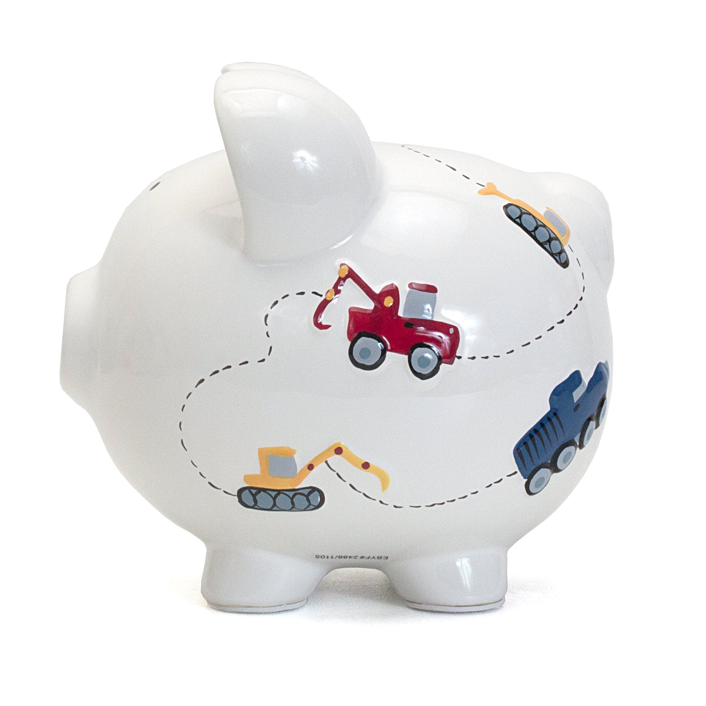 Back side showing the coin slot on top of white piggy bank with construction vehicle art