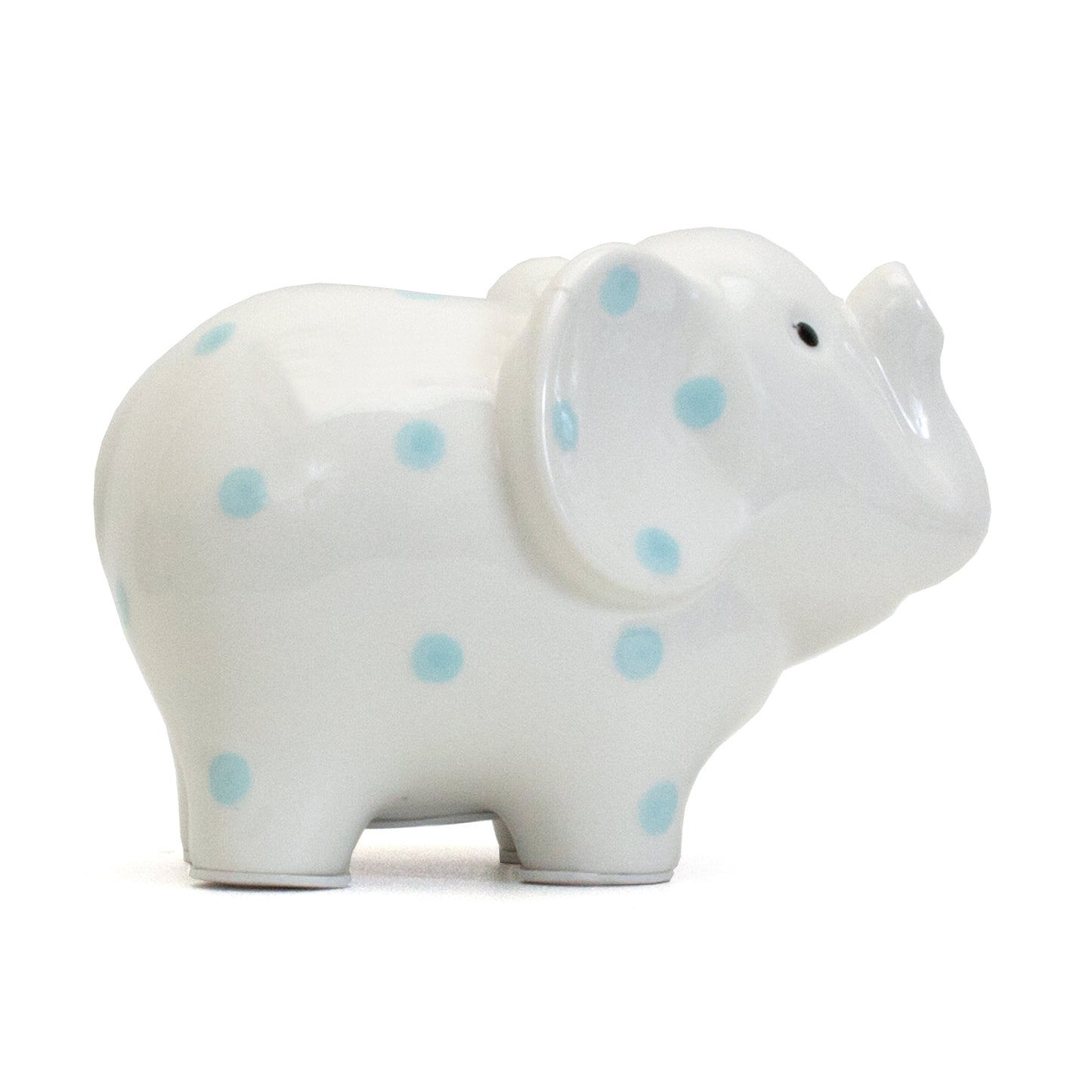 White elephant piggy bank with blue polka dots side profile
