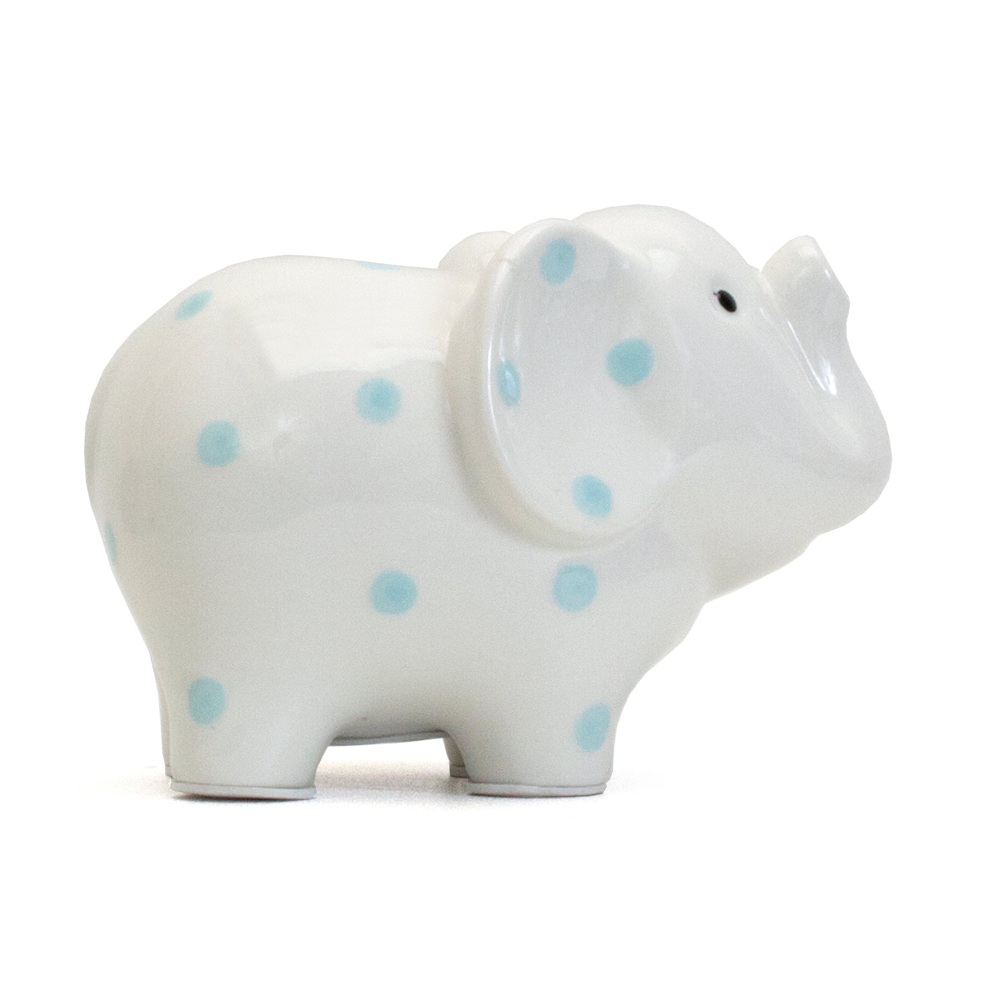 White elephant piggy bank with blue polka dots side profile