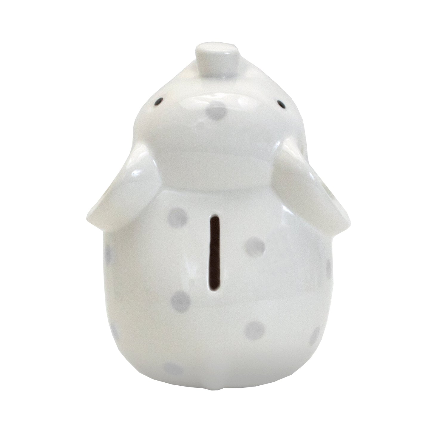 Back view of white elephant piggy bank with evenly spaced gray polka dots