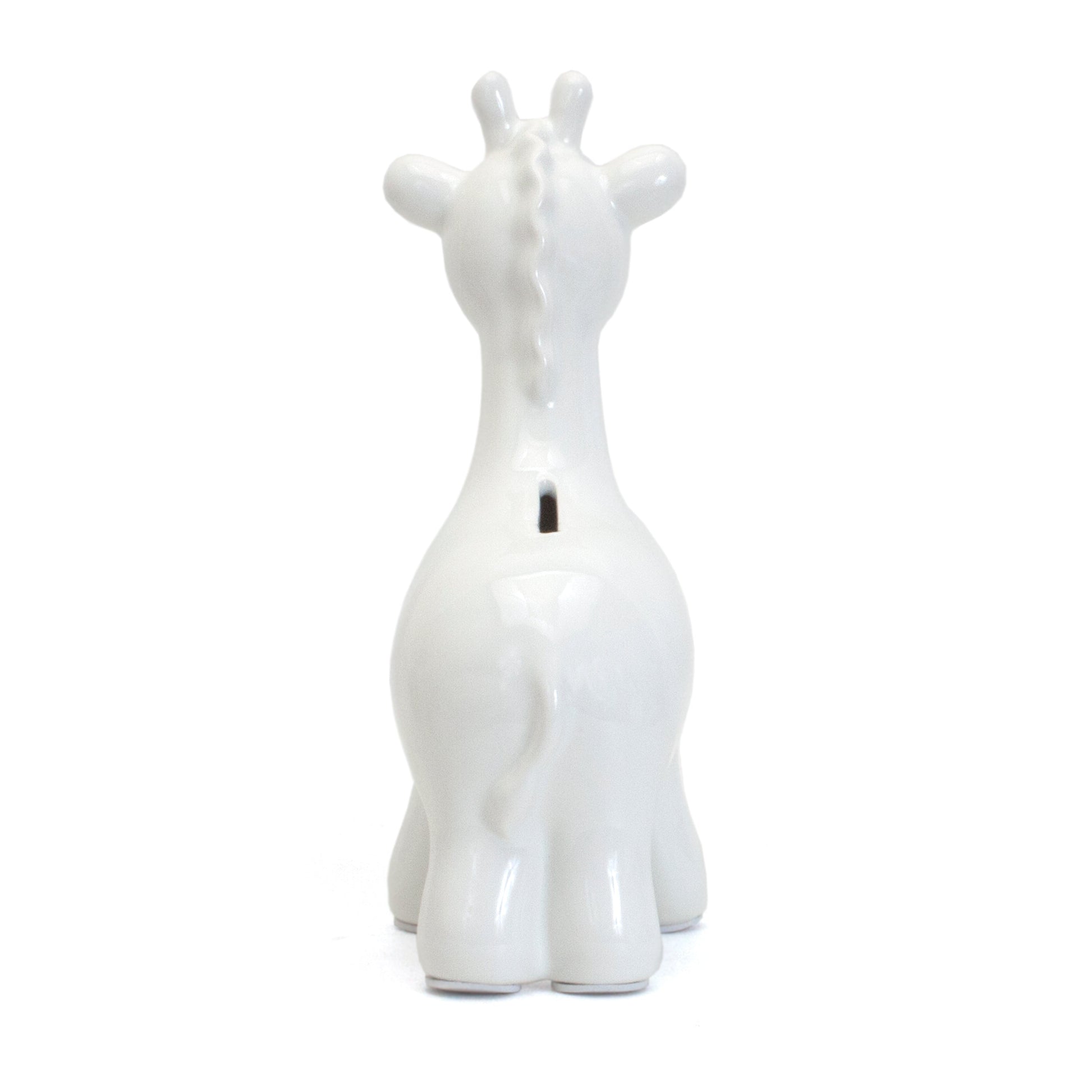 Back view of white ceramic giraffe bank showing coin slot