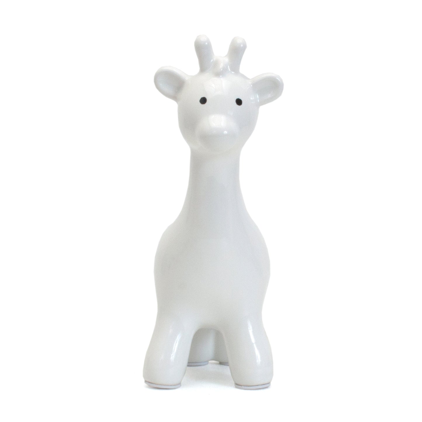 Front view of white giraffe ceramic piggy bank with glossy finish